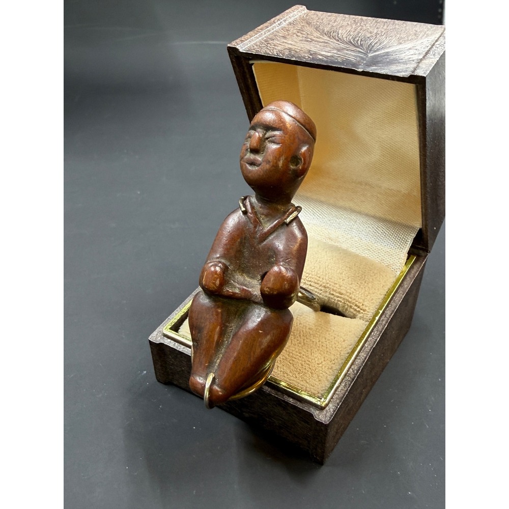 Vintage Carved Wood Figural Ring Monk Child 14K GF Sz 6.25 Statement